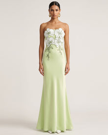 3D Floral Strapless Satin Slit Maxi Dress - Light Green