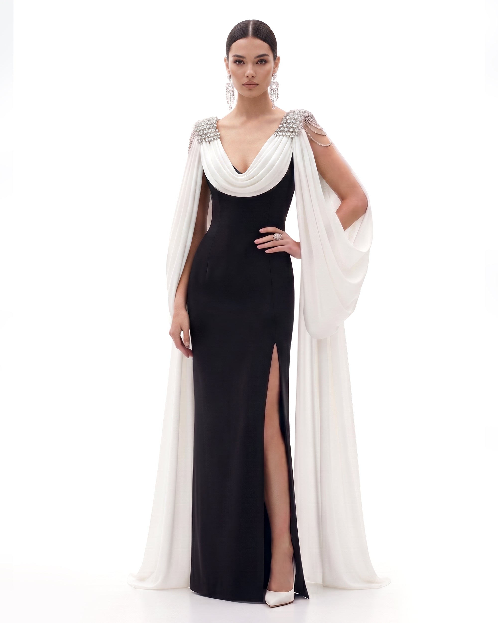 Crystal Shoulder Cape Maxi Dress - Black & Ivory