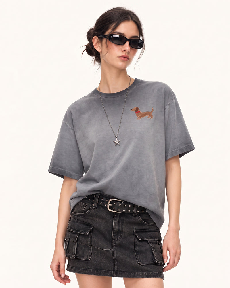 Embroidered Dachshund Boxy Tee - Washed Grey
