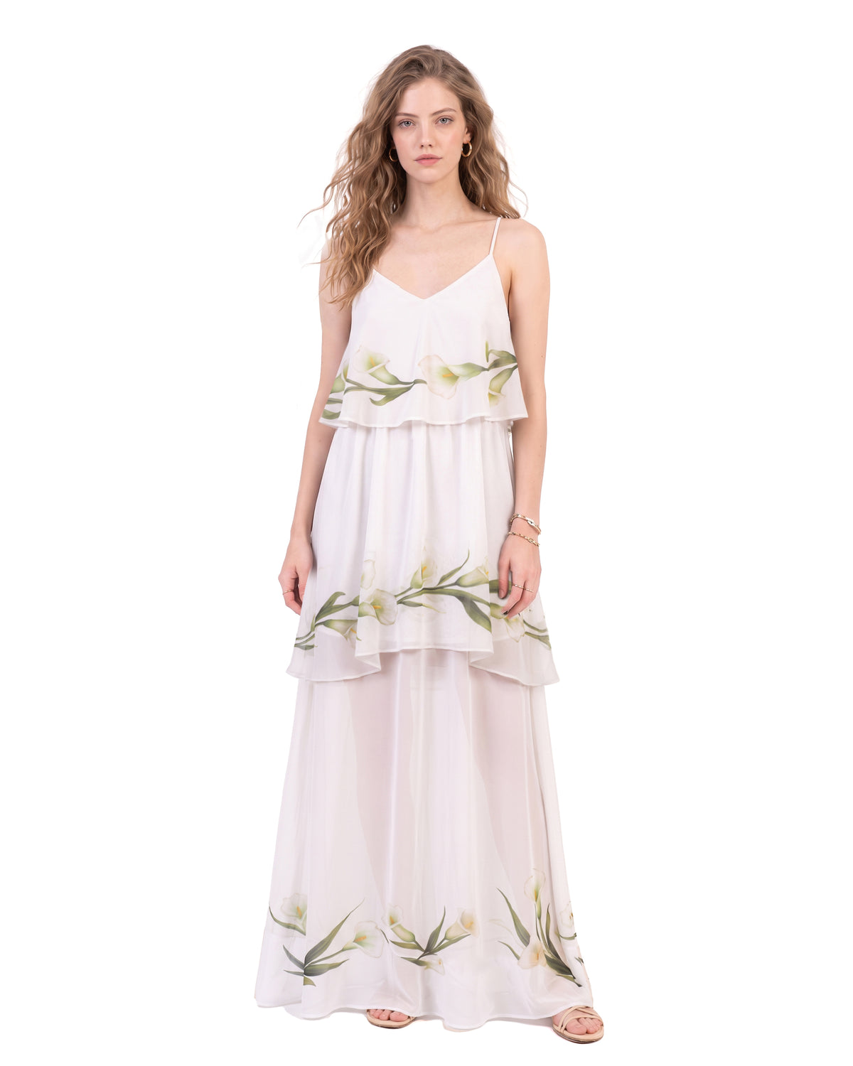 Calla Lily Printed Tiered Cami Chiffon Maxi Dress - White