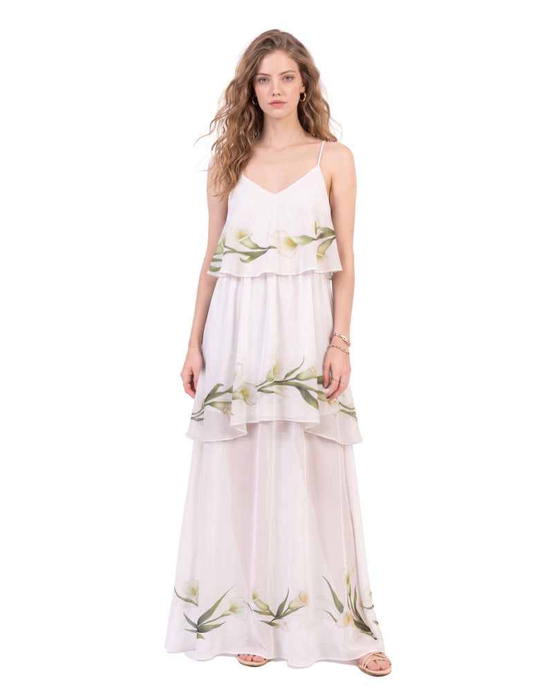 Calla Lily Printed Tiered Cami Chiffon Maxi Dress - White