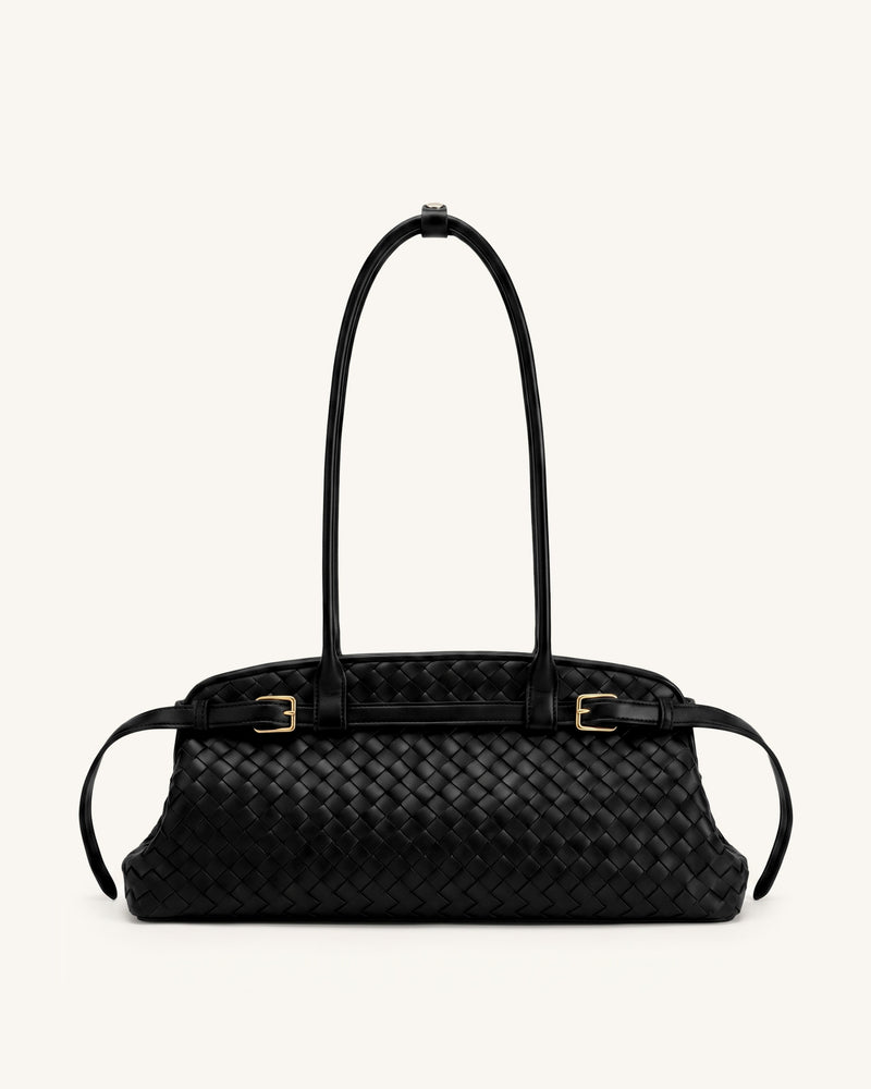 Arden Woven Belt Detail East-West Shoulder Bag - Dark Night Black