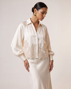 Satin Orchid-Embroidered Puff-Sleeve Shirt - Ivory