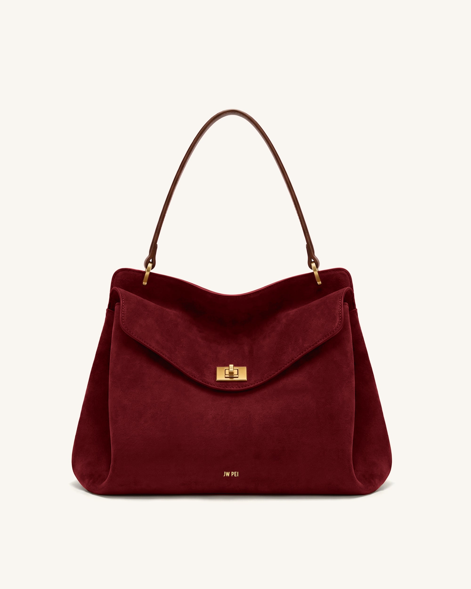 Lucia Turn-Lock Faux Suede Shoulder Bag - Dark Red