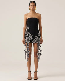 Floral Embroidered Cascade Mini Dress - Black