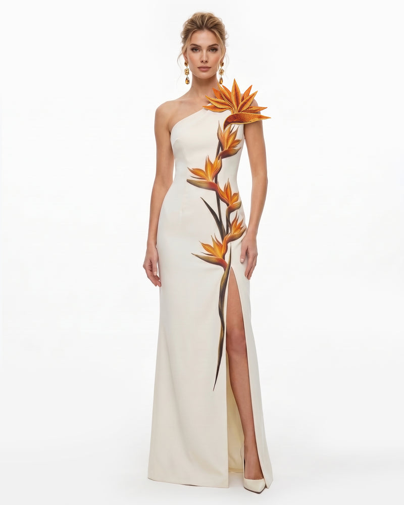 3D Bird Of Paradise One-Shoulder Maxi Dress - Ivory
