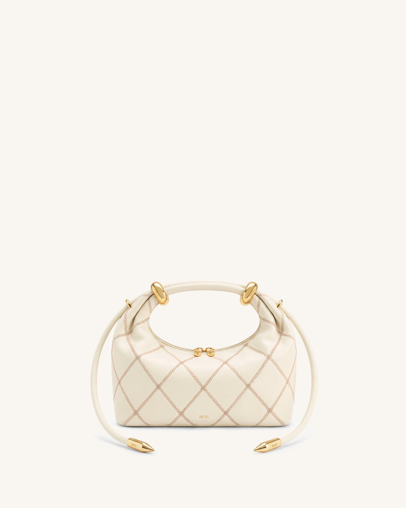 Ellie Quilted Metal Ring Embellished Top Handle Bag - Apricot