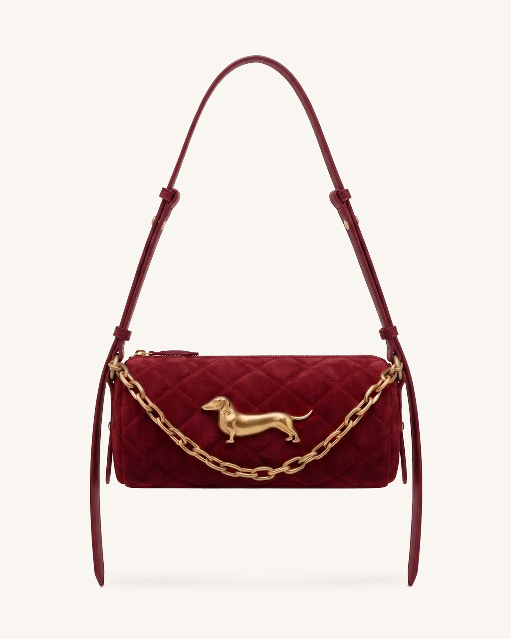 Lucienne Faux Suede Dachshund Quilted Chain Shoulder Bag - Burgundy