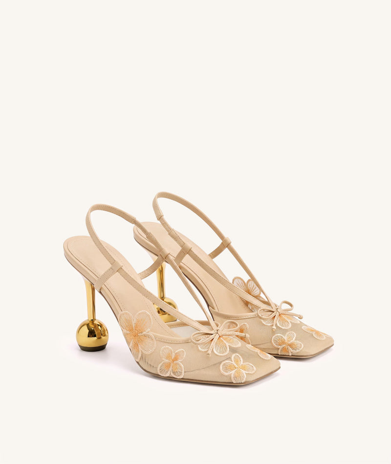 Mireille Floral Embroidered Bow Slingback Pumps - Apricot