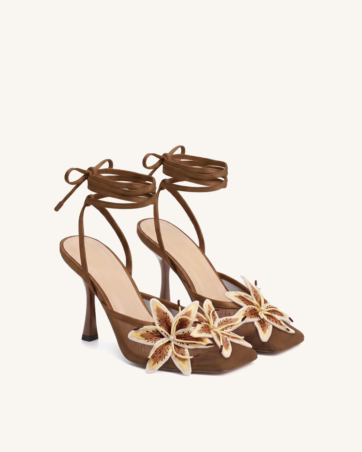 Isadora Lily Floral Mesh Lace-Up Stiletto Sandals - Brown