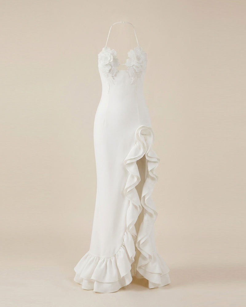 Flower Embroidered Ruffle Maxi Dress - White