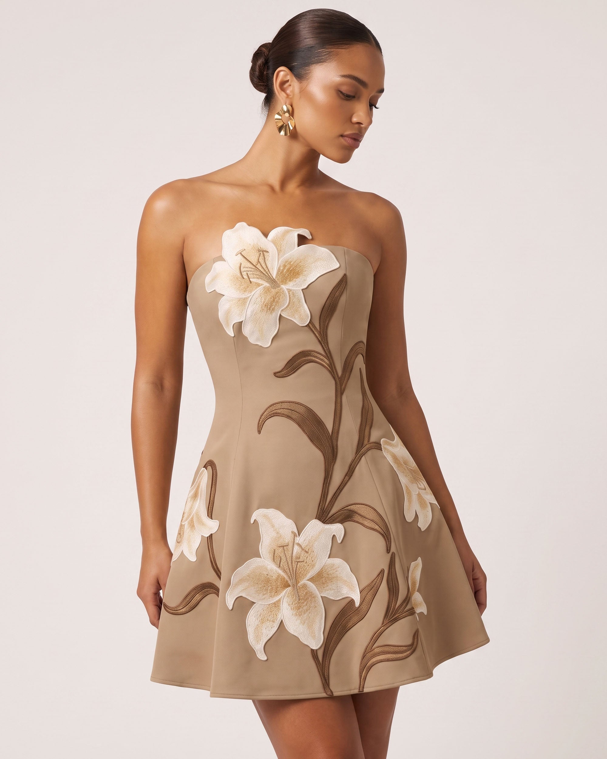 Lily Floral Print Strapless A-Line Mini Dress - Mocha Brown