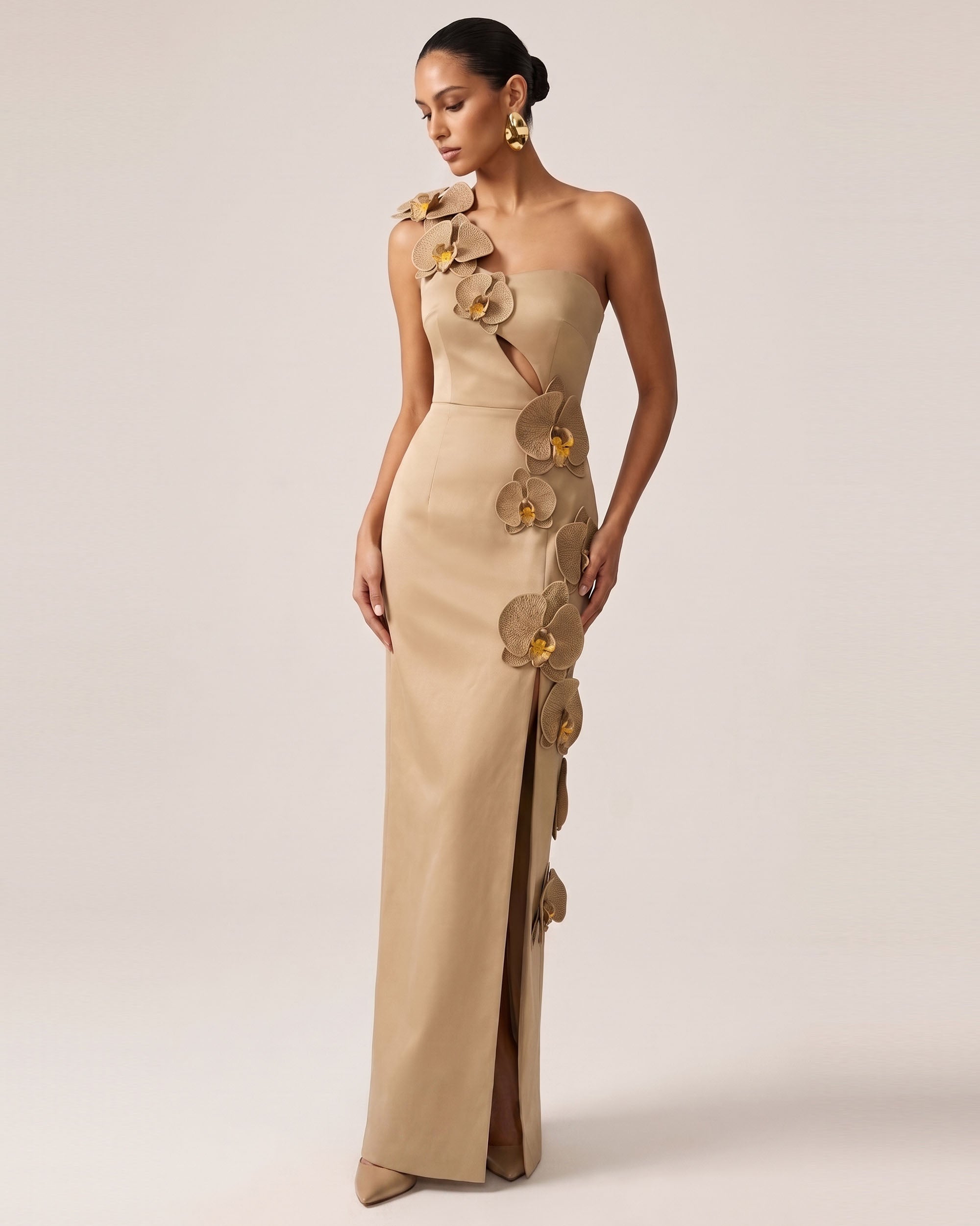 Orchid Embellished Cutout Slit Maxi Dress - Mocha Brown