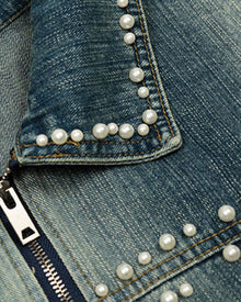 Pearl Embellished Denim Jacket - Blue