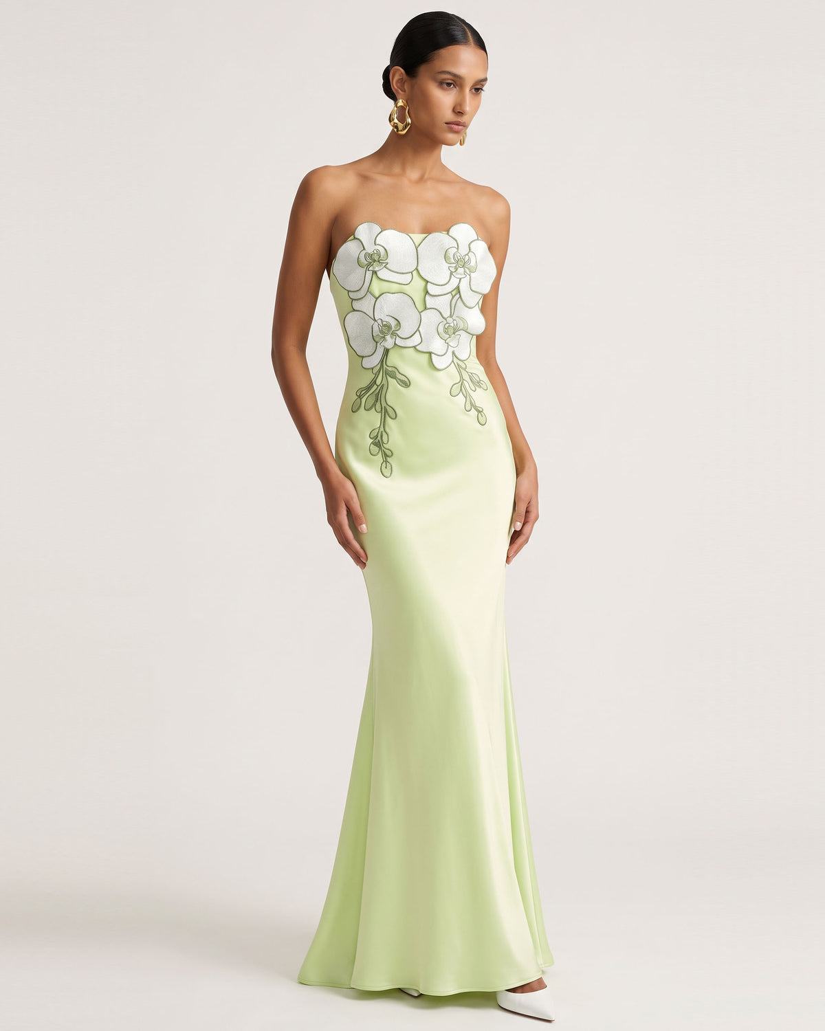 3D Floral Strapless Satin Slit Maxi Dress - Light Green