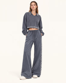 Gradient Pearl Trim Drawstring Sweatpants - Washed Slate