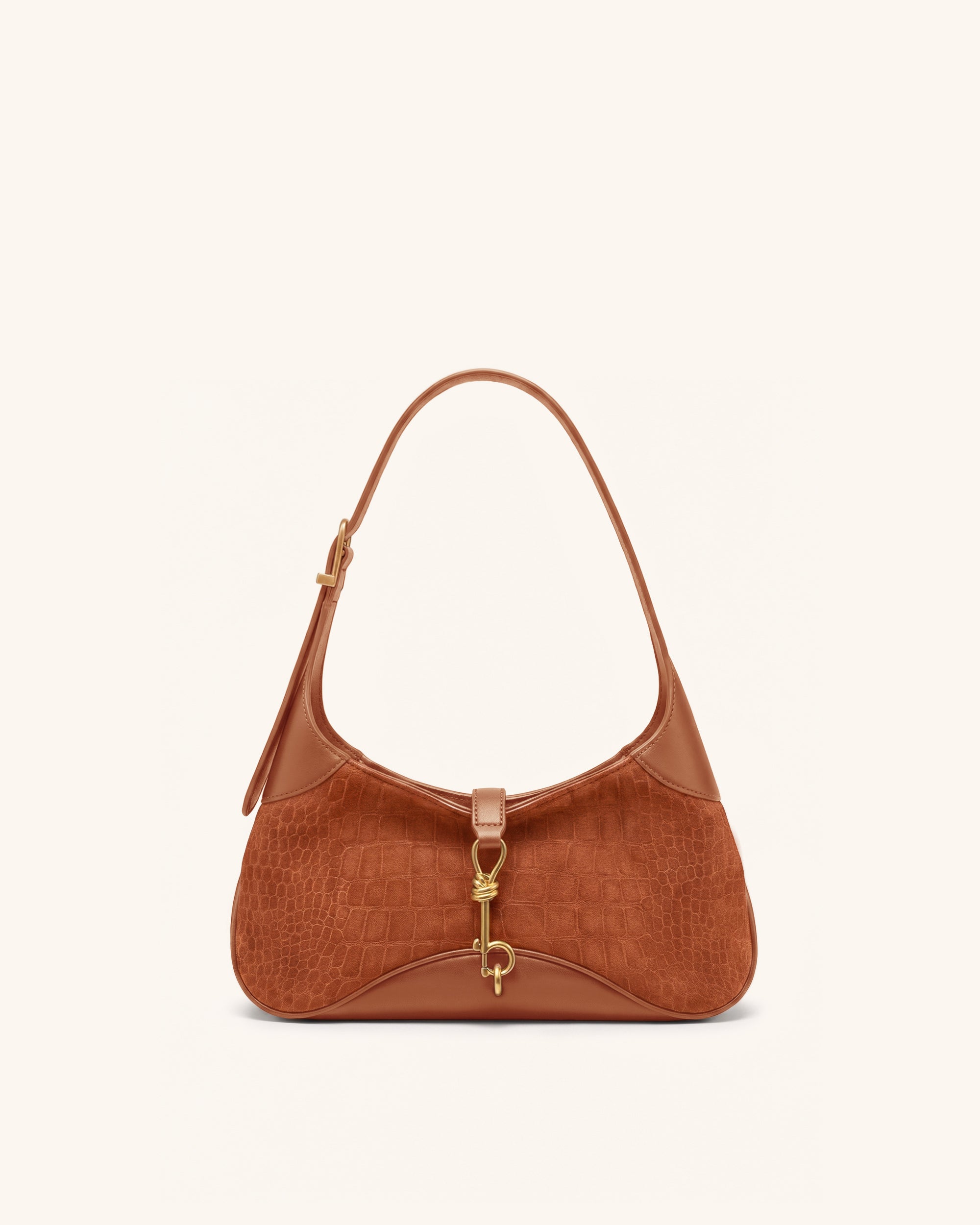 Juliette Faux Suede Key Charm East-West Shoulder Bag - Caramel Brown Croc