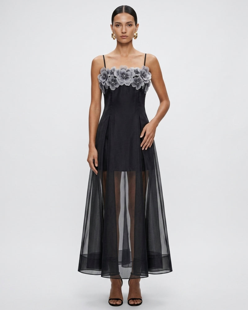 Floral Embroidered Sheer Layered Maxi Dress - Black