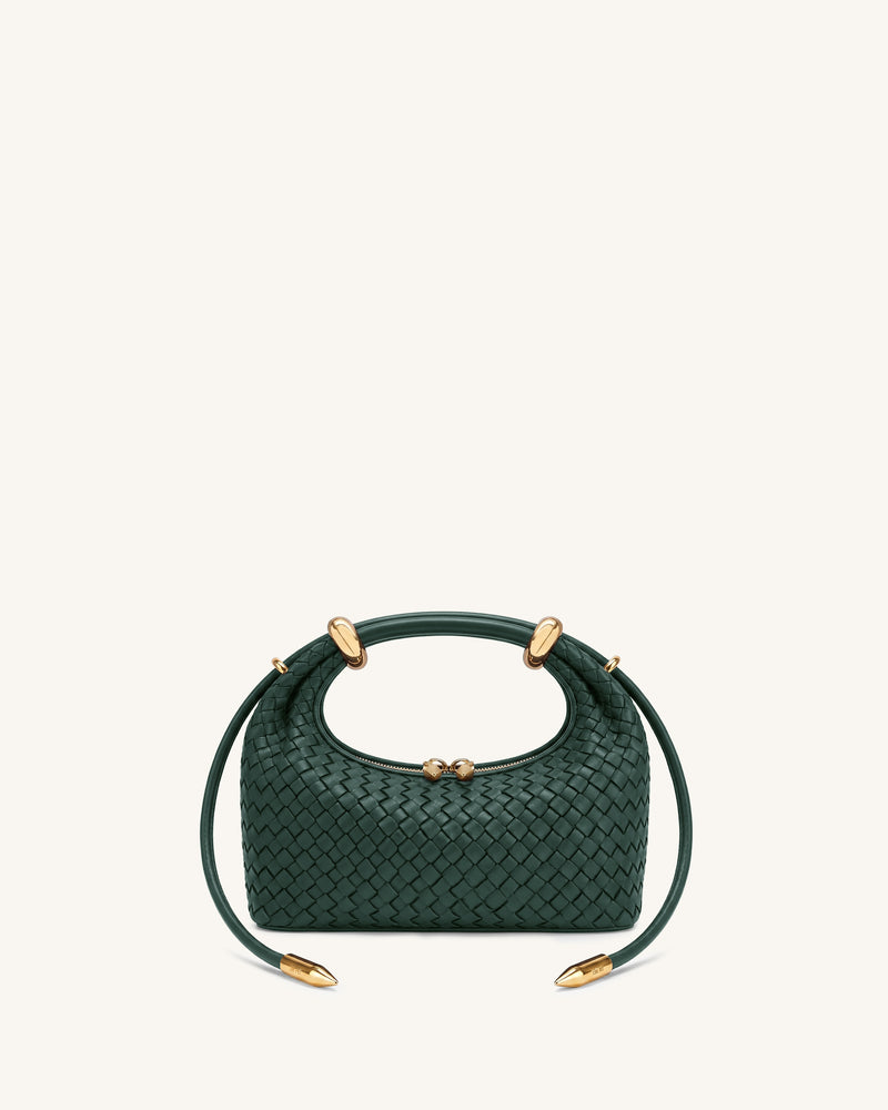 Ellie Woven Metal Ring Embellished Top Handle Bag - Dark Green