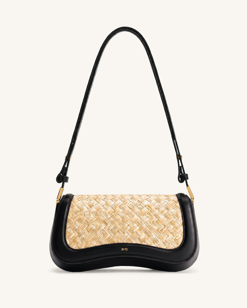 Joy Faux Straw Shoulder Bag - Natural Black