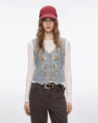 Folk Daisy Embroidered Denim Vest - Washed Sage