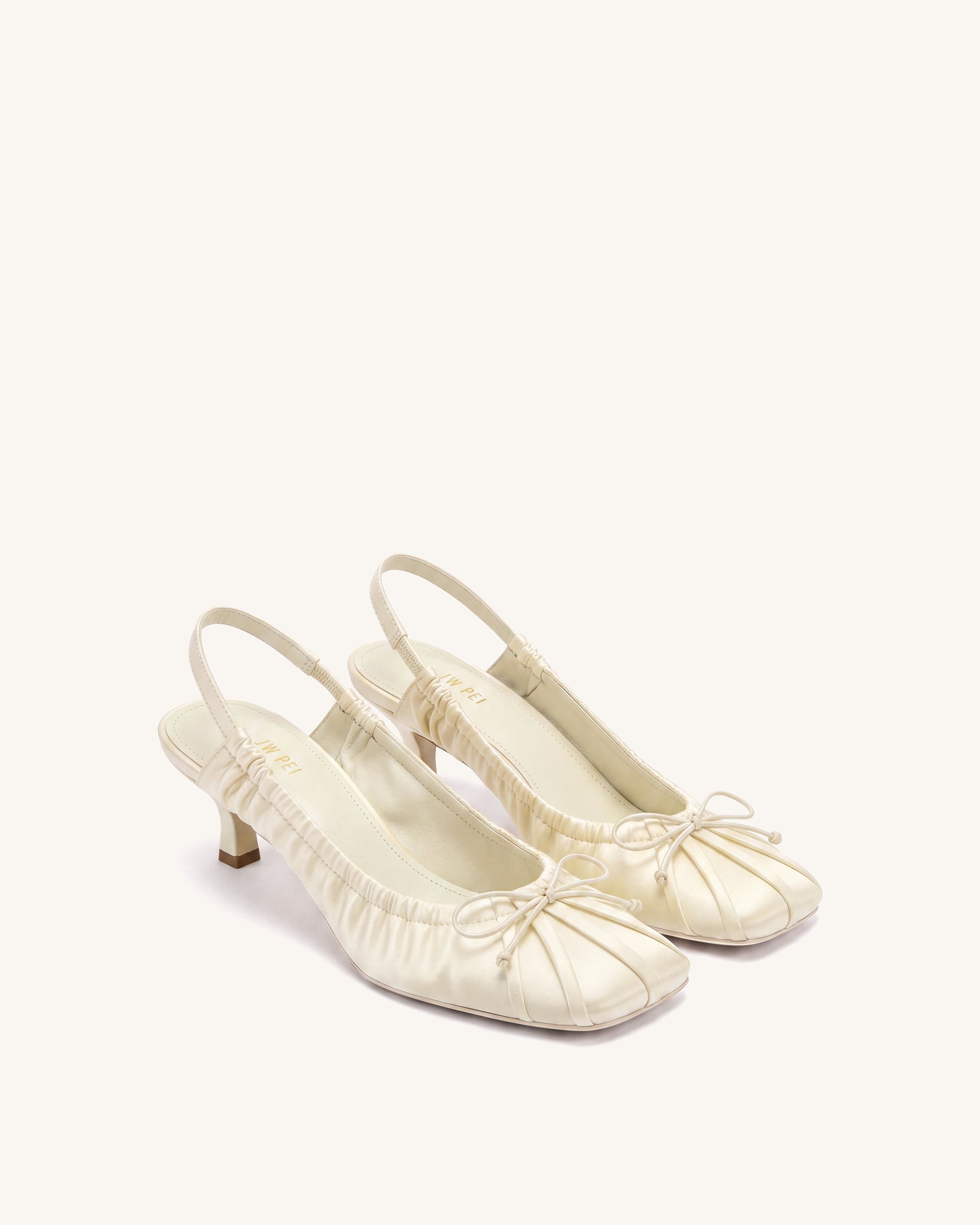 Solenne Satin Bow Ruched Slingback Pumps - Beige