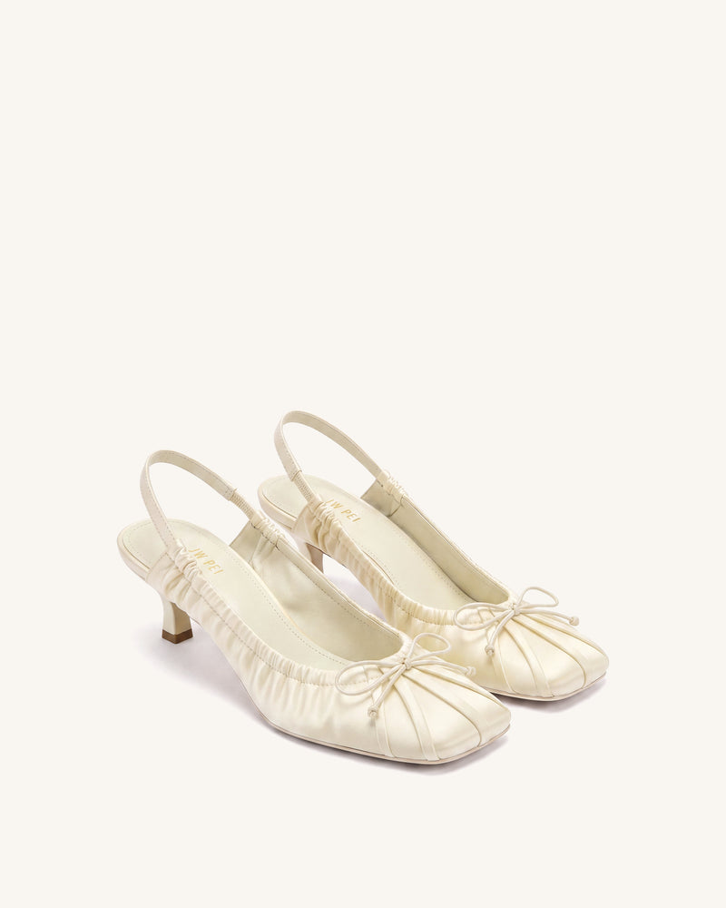 Solenne Satin Bow Ruched Slingback Pumps - Beige