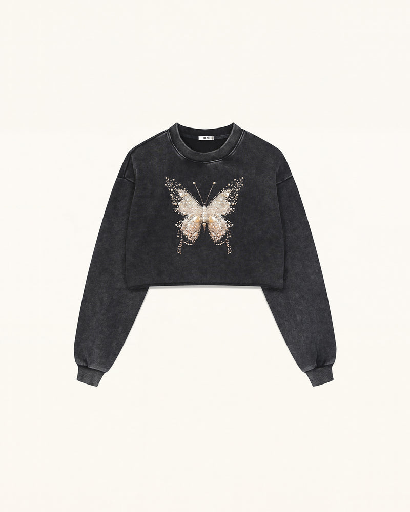 Cream 3D Pearl Butterfly Sweatshirt - Black
