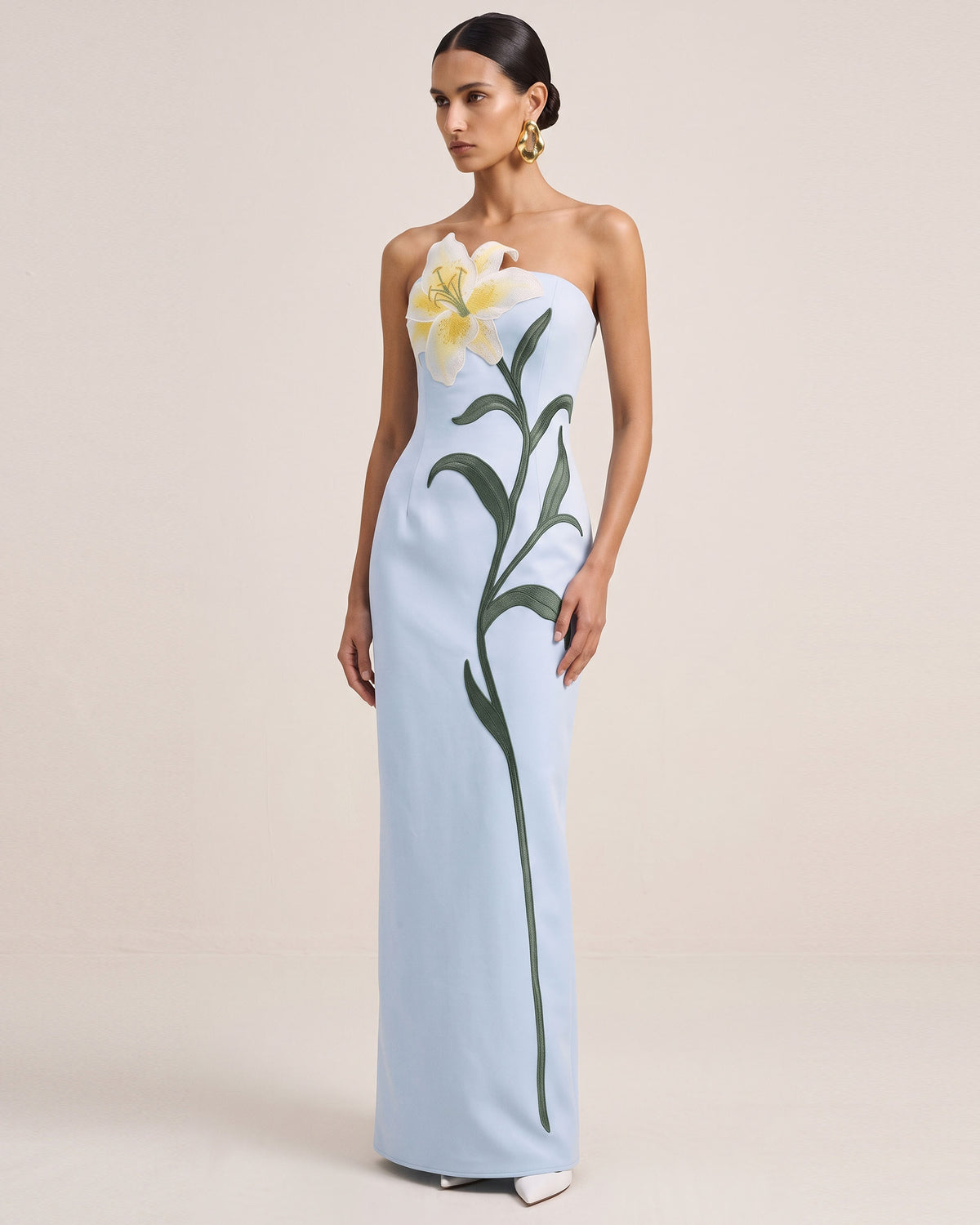 Lily Embroidered Strapless Satin Maxi Dress - Light Blue