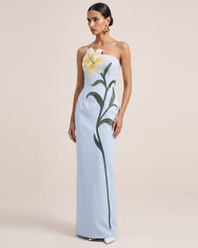 Lily Embroidered Strapless Satin Maxi Dress - Light Blue