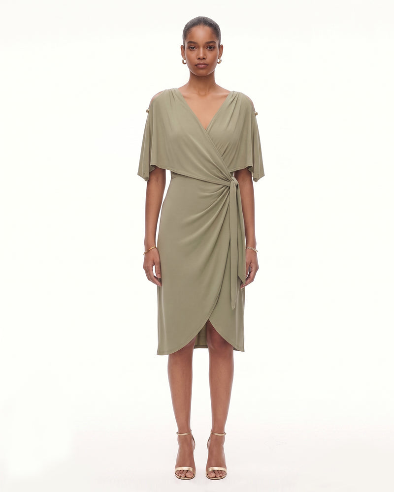 Draped Wrap Cape Sleeve Midi Dress - Olive Green