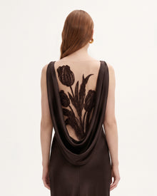 Tulip Appliqué Cowl-Back Satin Column Maxi Dress - Espresso Brown