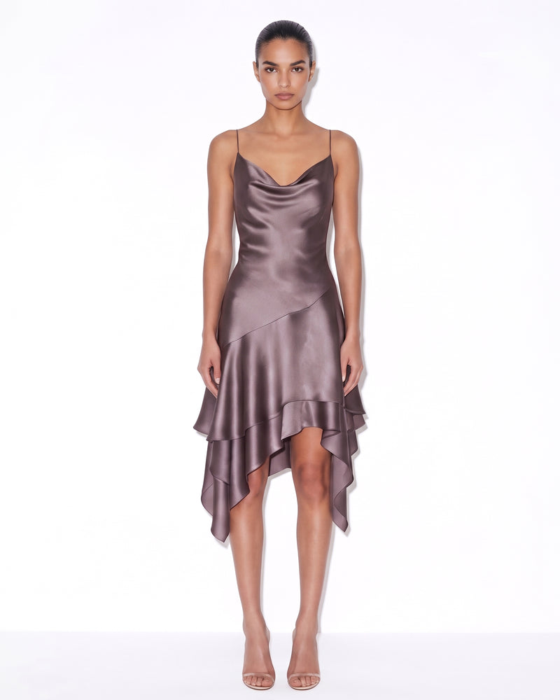 Satin Cowl-Neck Asymmetric Ruffle Midi Dress - Mauve