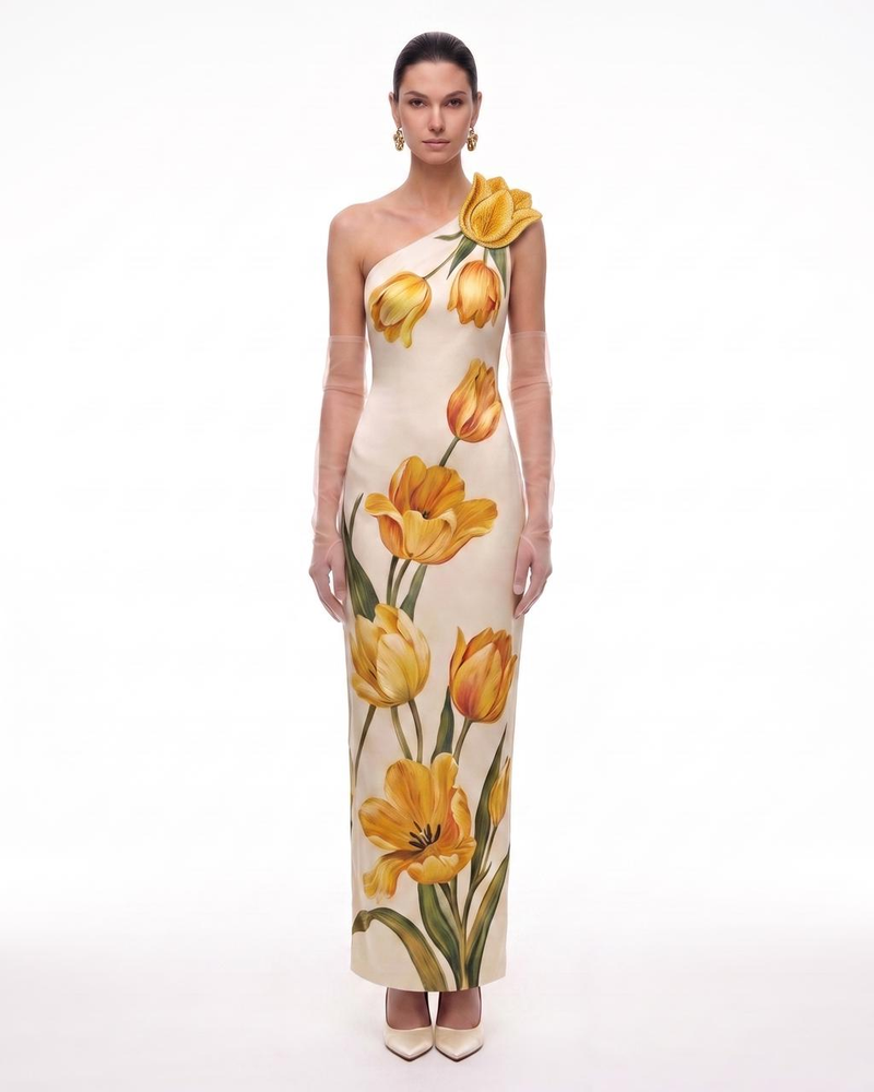 Tulip Floral One-Shoulder Column Maxi Dress - Ivory