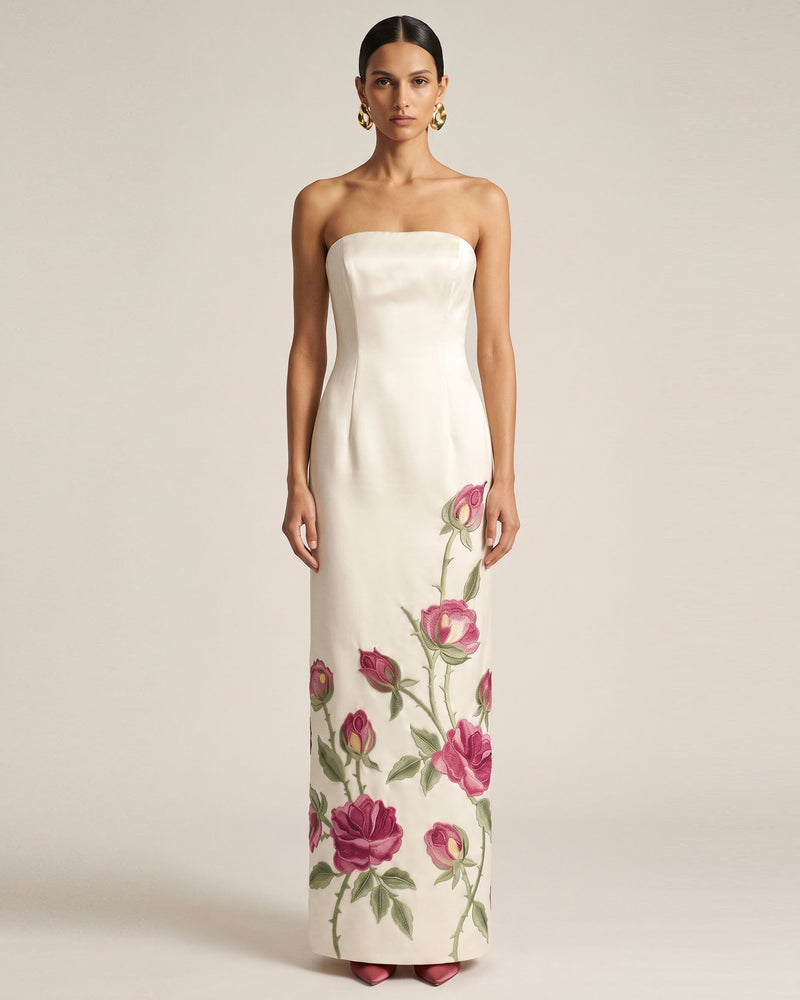 Rose Embroidered Strapless Long Dress - Pure White