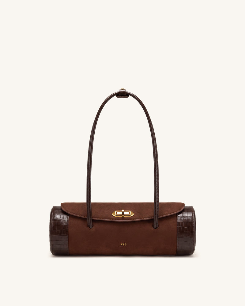 Maelis Faux Suede Croc-Trim Barrel Bag - Dark Brown