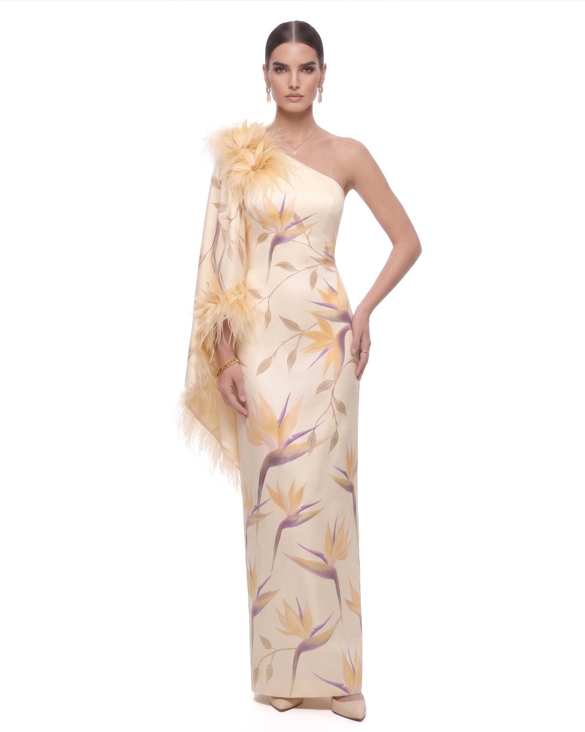 Bird of Paradise Feather-Trim One-Shoulder Maxi Dress - Cream