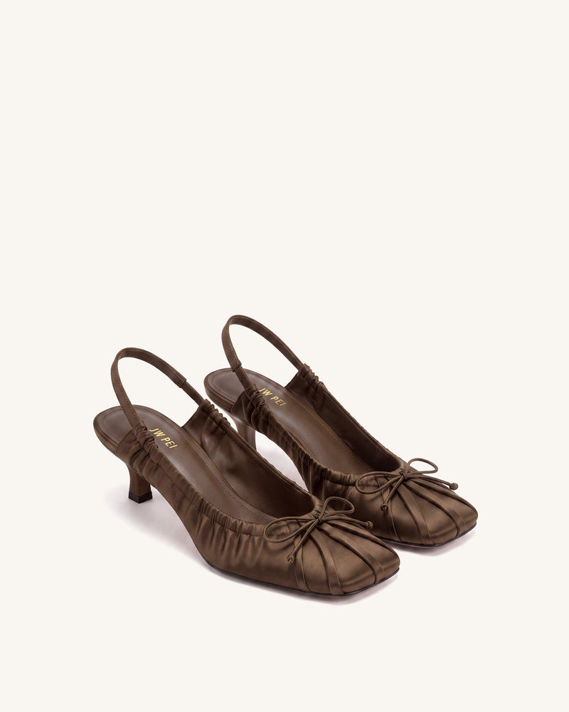 Solenne Satin Bow Ruched Slingback Pumps - Brown