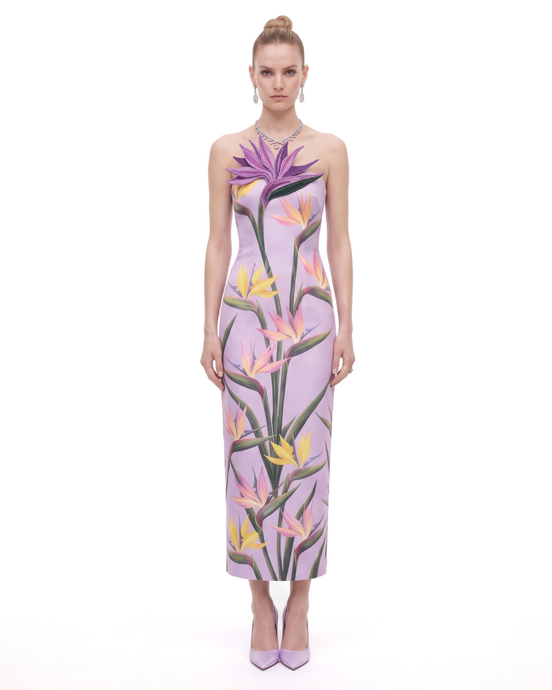 Bird of Paradise Appliqué Strapless Column Midi Dress - Lilac