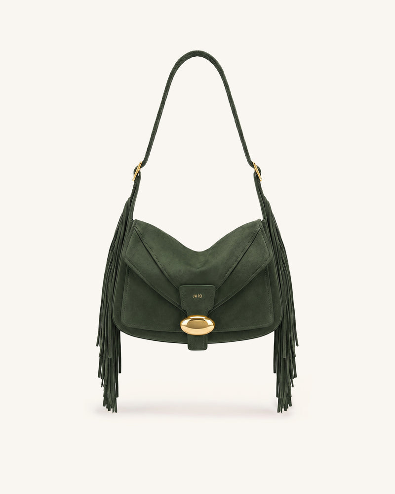 Avery Fringe Faux Suede Shoulder Bag - Dark Green
