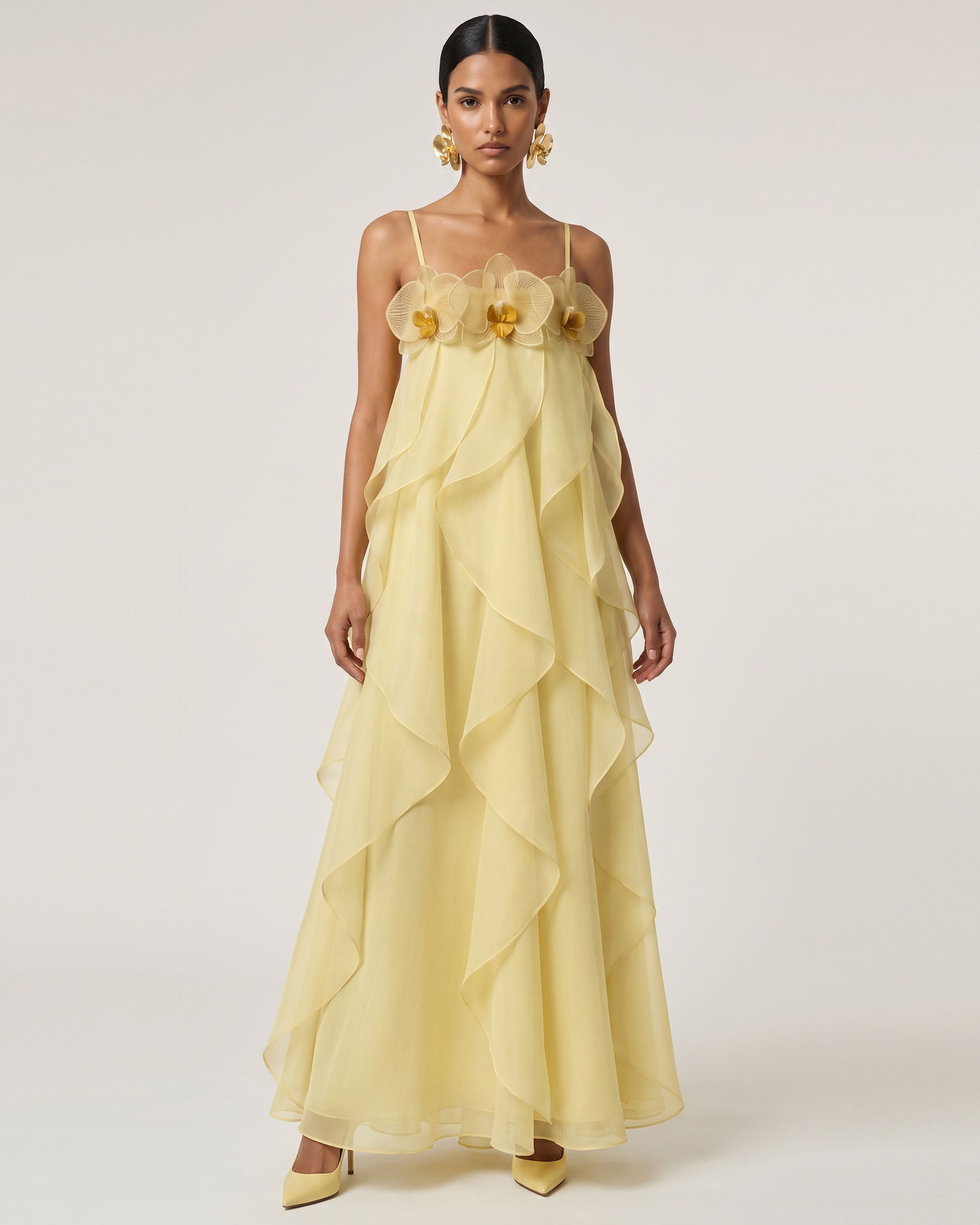 Orchid Embroidered Organza Maxi Dress - Light Yellow