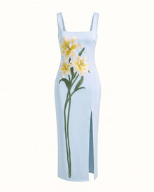 Lily Embroidered Square Neck Slit Satin Midi Dress - Light Blue