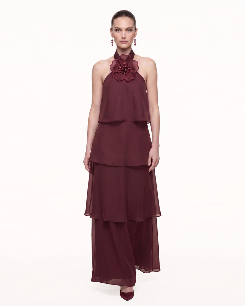 3D Floral Halter Tiered Maxi Dress - Burgundy
