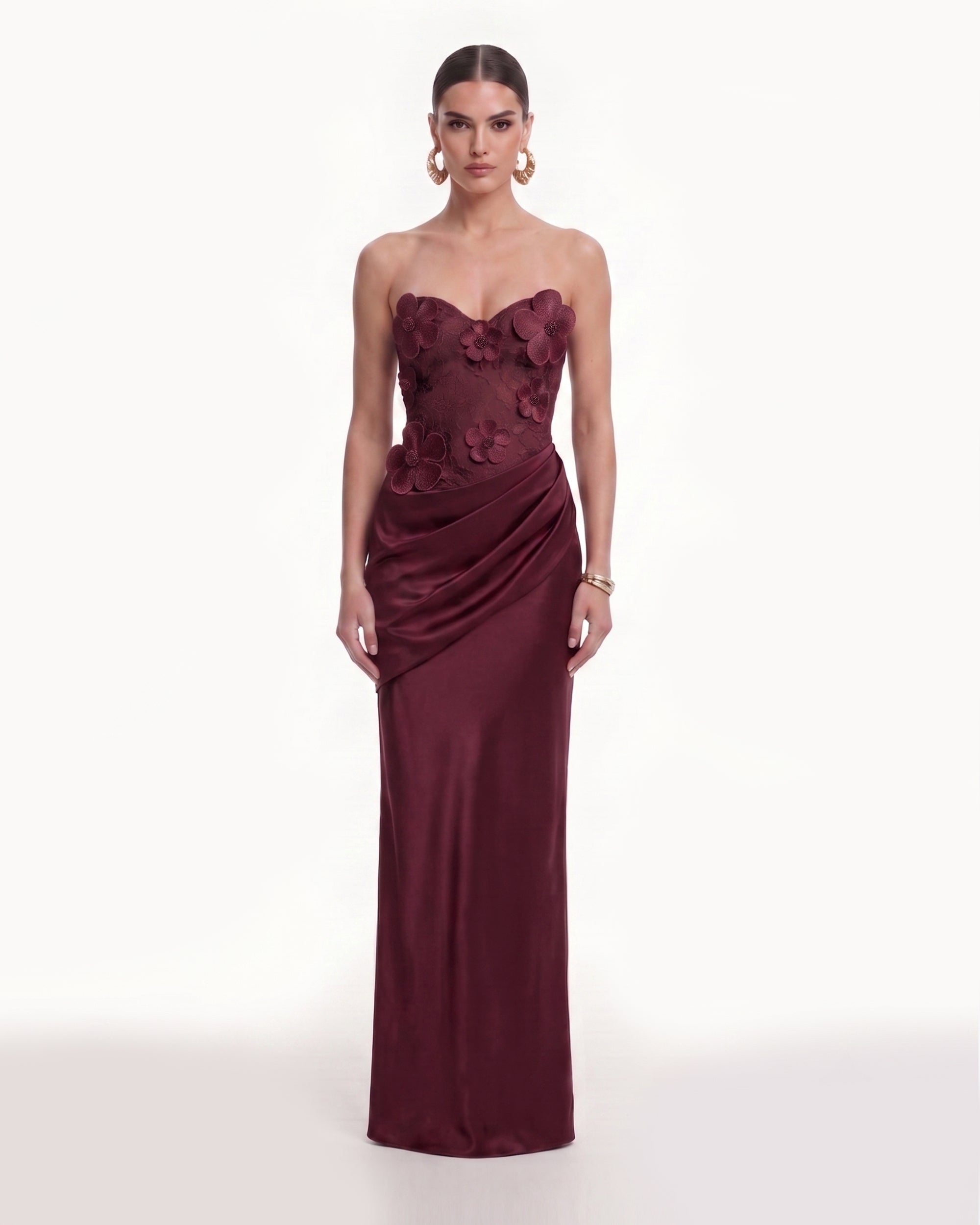 Floral Appliqué Illusion Bodice Satin Maxi Dress - Burgundy