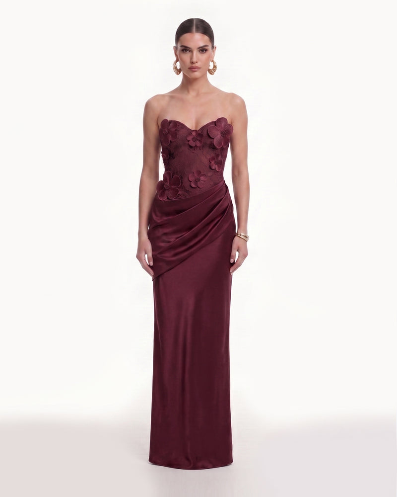 Floral Appliqué Illusion Bodice Satin Maxi Dress - Burgundy