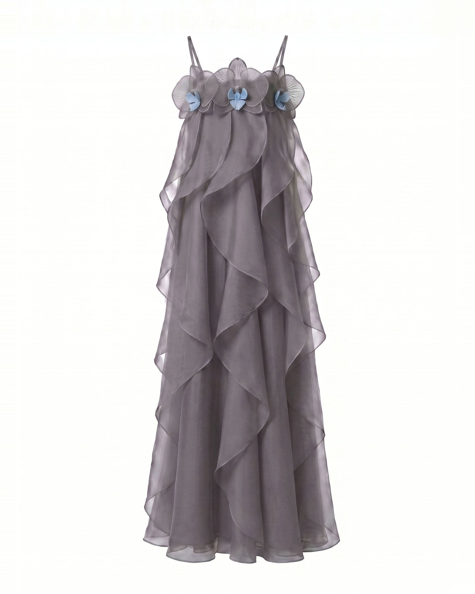 Orchid Embroidered Organza Maxi Dress - Dark Grey