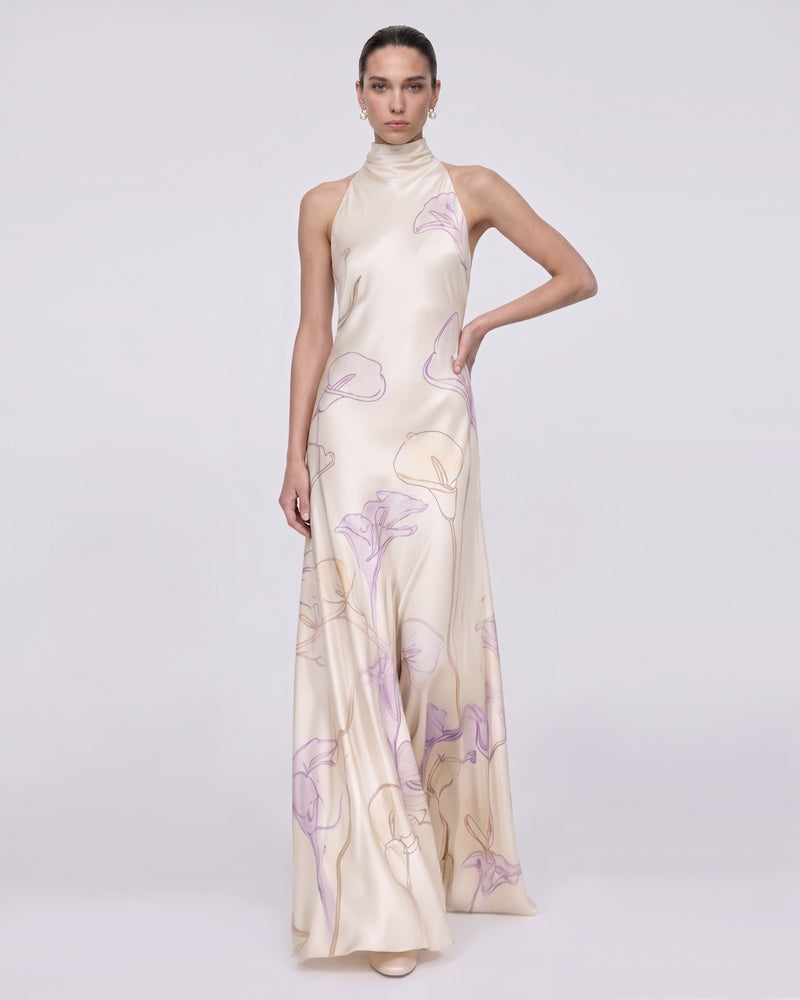 Calla Lily Print High-Neck Satin Maxi Dress - Ivory