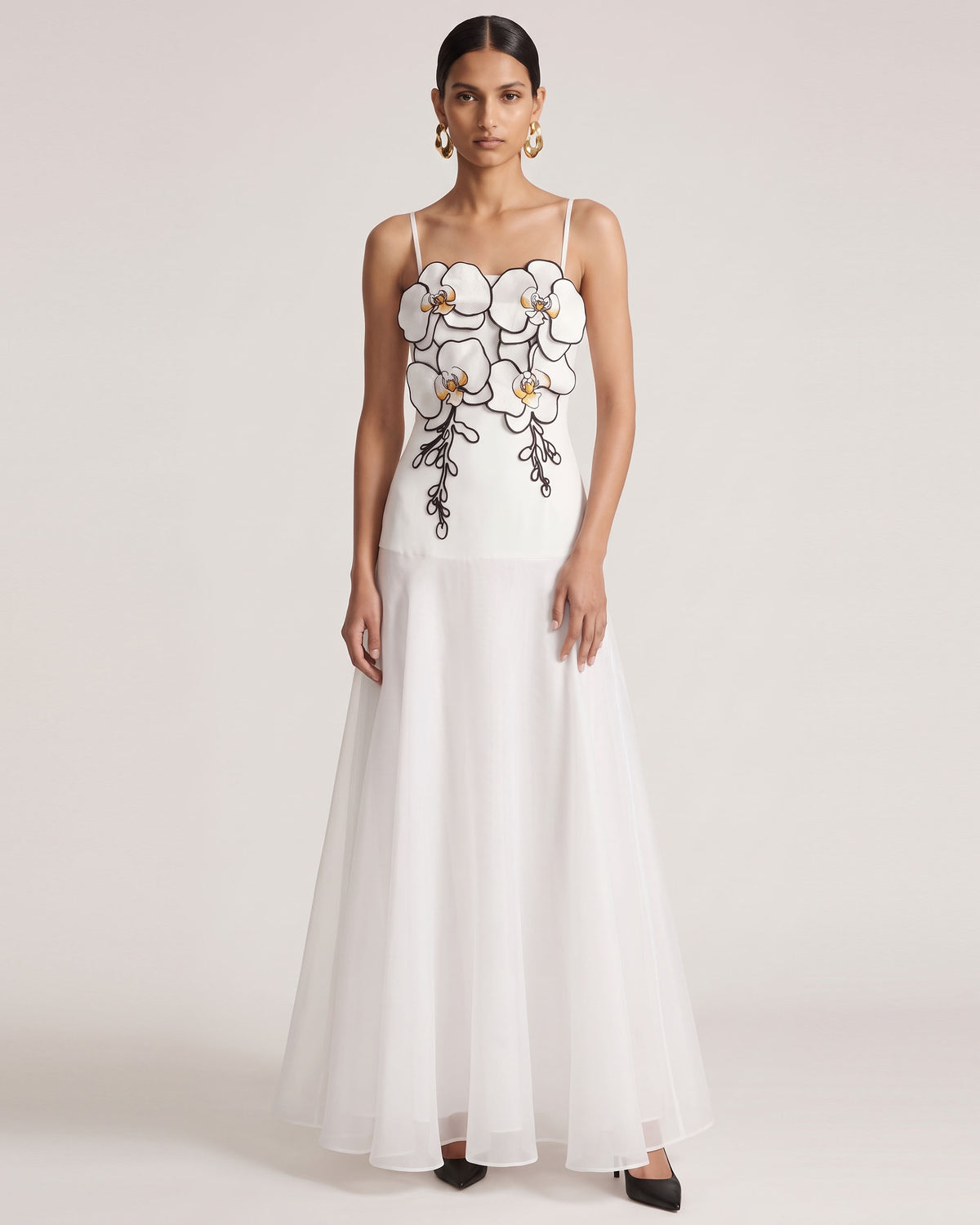 3D Floral Spaghetti Strap A-Line Maxi Dress - White