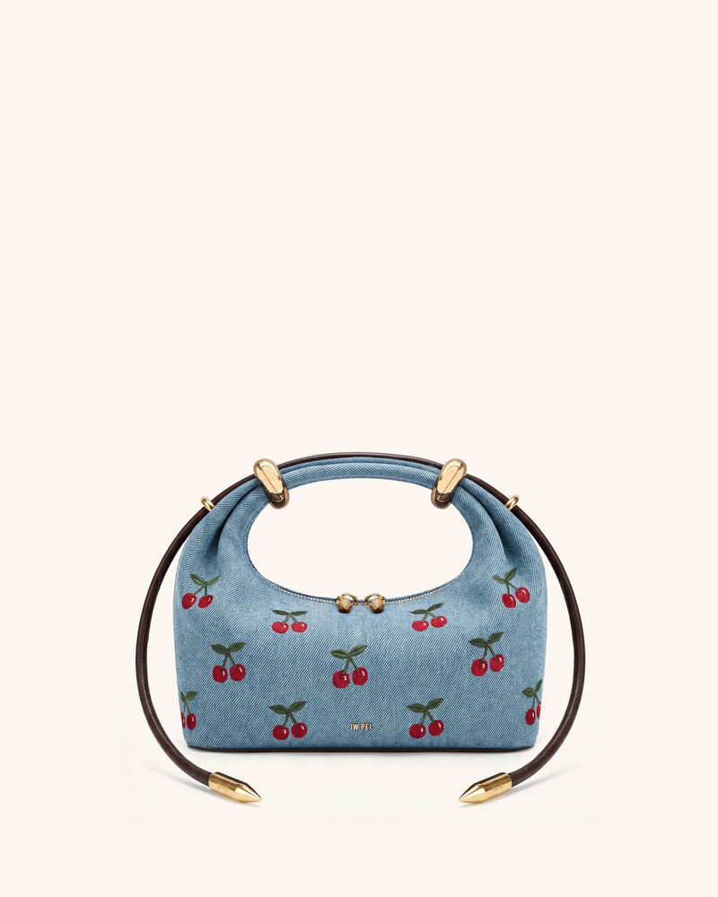 Ellie Embroidery Metal Ring Embellished Top Handle Bag - Light Blue Denim