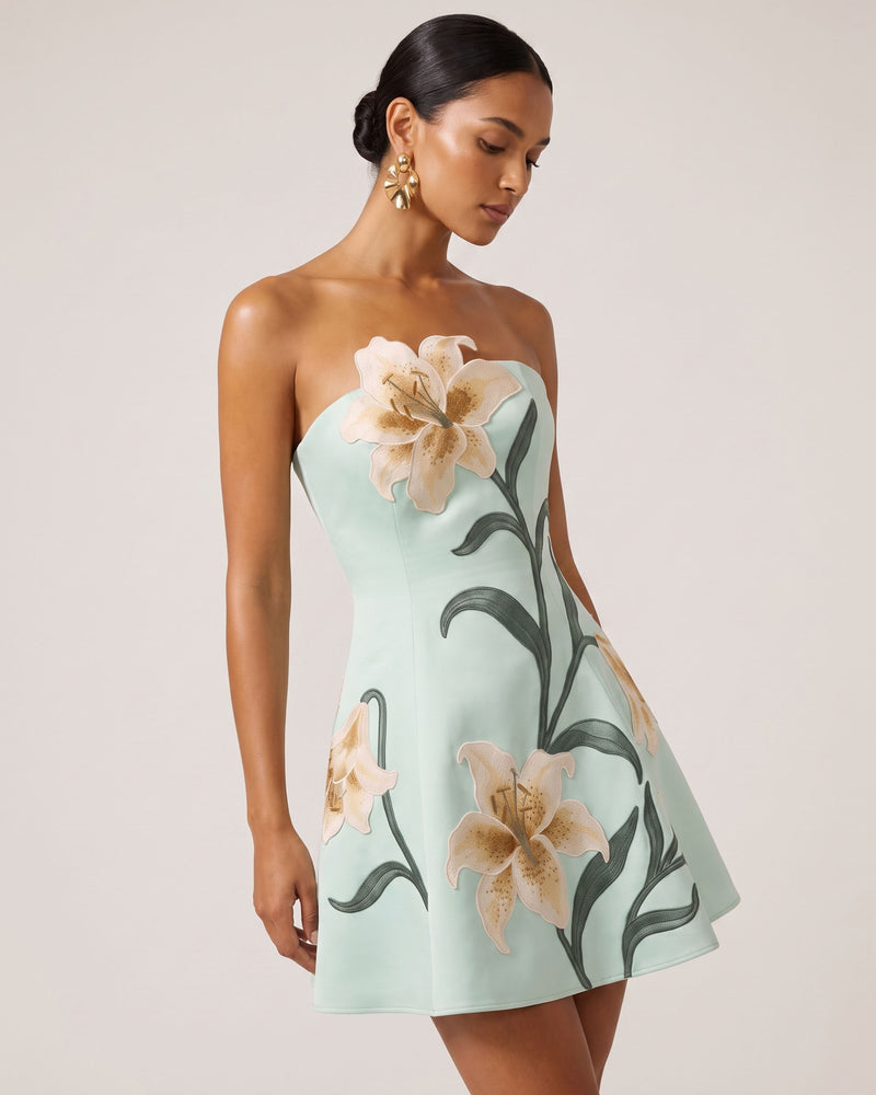 Lily Floral Print Strapless A-Line Mini Dress - Mint Green